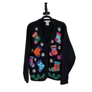 Vintage Victoria Jones Christmas Sweater Size M Black Embroidered Candy Canes